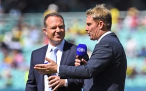 Commentators Michael Slater and Shane Warne talking in 2017