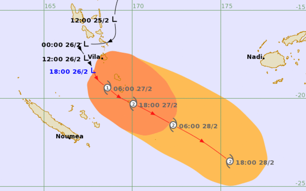Tropical cyclone threat track map: TD09F as at 6am NZT Friday 27 February 2026.