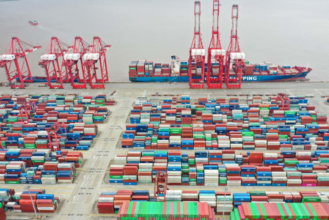 An aerial photo taken on 15 April, 2022 shows a view of Shanghai's Yangshan Port in east China.