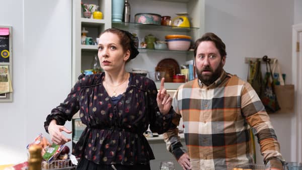 Katherine Parkinson and Jim Howick as Rachel and Paul Jessop in Here We Go.