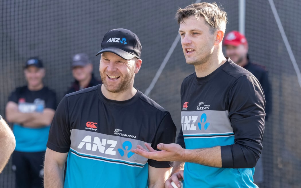 Black Caps coach Glenn Pocknall, left, chats to bowler Hamish Bennett during the Black Caps New Zealand Cricket training session held at the Lincoln High Performance Centre in Canterbury, New Zealand on 11th August 2021.