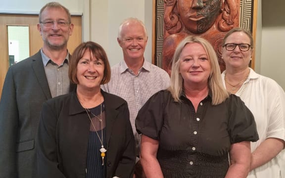 Te Whatu Ora staff involved in Nelson Hospital's redevelopment, from left: Nick Baker, Lexie O'Shea, Peter Bramley, Liz Thompson and Monique Fouwler.
