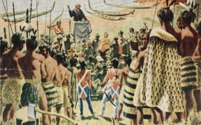 Russell Clark's reconstruction of Samuel Marsden's Christmas Day service at Hohi (Oihi) Bay in 1814.