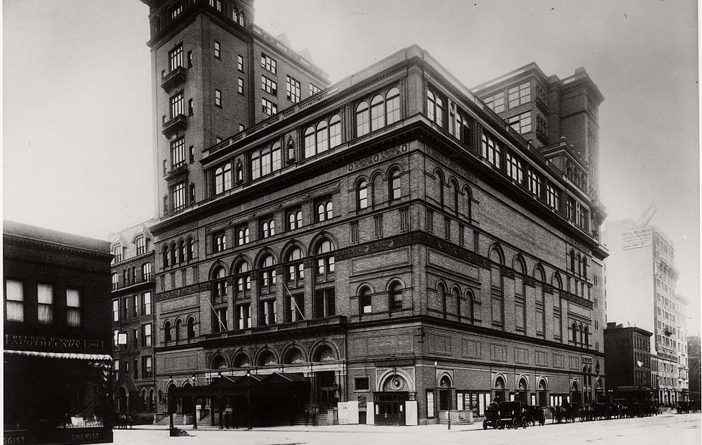 Looking south on Seventh Avenue and 57th Street in Manhattan, the exterior of Carnegie Hall
