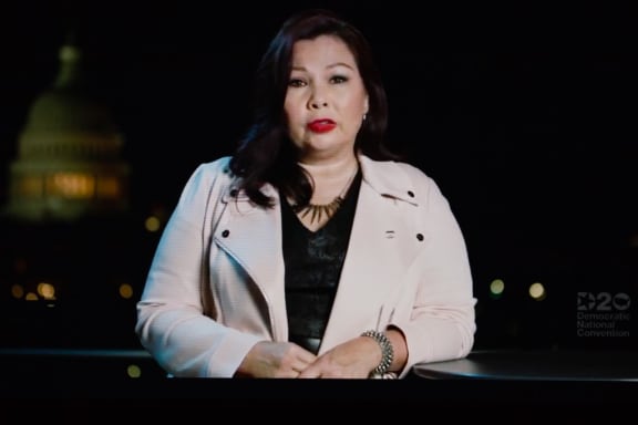 Senator Tammy Duckworth addresses the virtual 2020 Democratic National Convention, livestreamed online and viewed by laptop from the United Kingdom in the early hours of August 21, 2020, in London, United Kingdom.