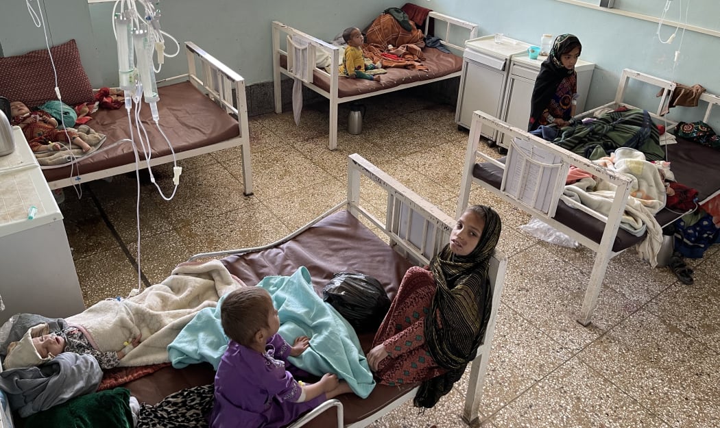 KANDAHAR, AFGHANISTAN - OCTOBER 28: Children, on the verge of death due to the starvation, receive medical treatment at the Mir Veys Hospital in Kandahar, Afghanistan on October 28, 2021.