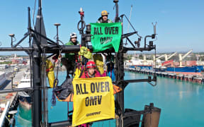 Protesters on board the Skandi Atlantic henchboat in Timaru.