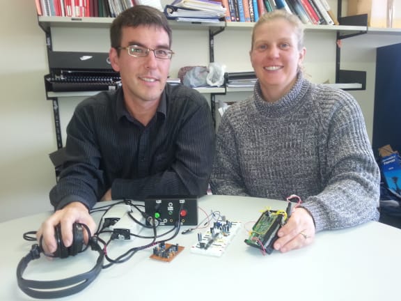 Shane Pinder (left) and Claire Davies with some prototypes the echolocation device