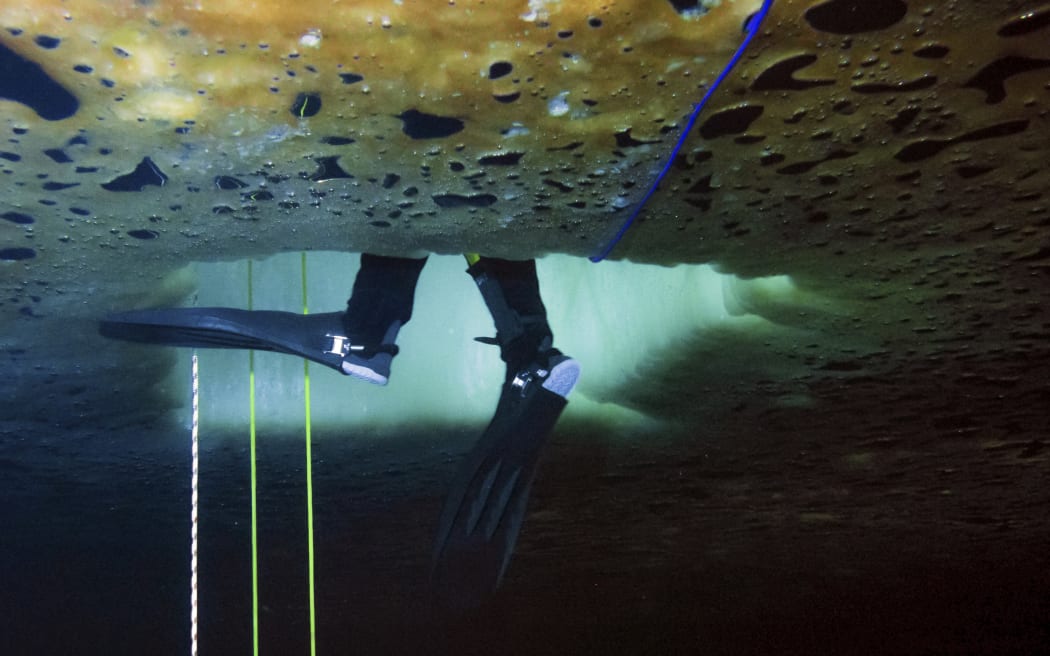 A diver going through a dive hole at Cape Evans, Antarctica