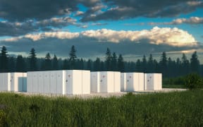 Eco friendly battery energy storage system in nature with misty forest in background and fresh grassland in foreground. 3d rendering.