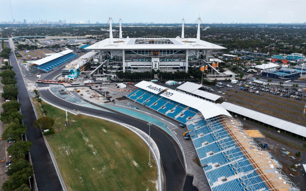 An aerial view of Hard Rock Stadium, the Miami Grand Prix is held here at The Miami International Autodrome which is a purpose-built temporary circuit.