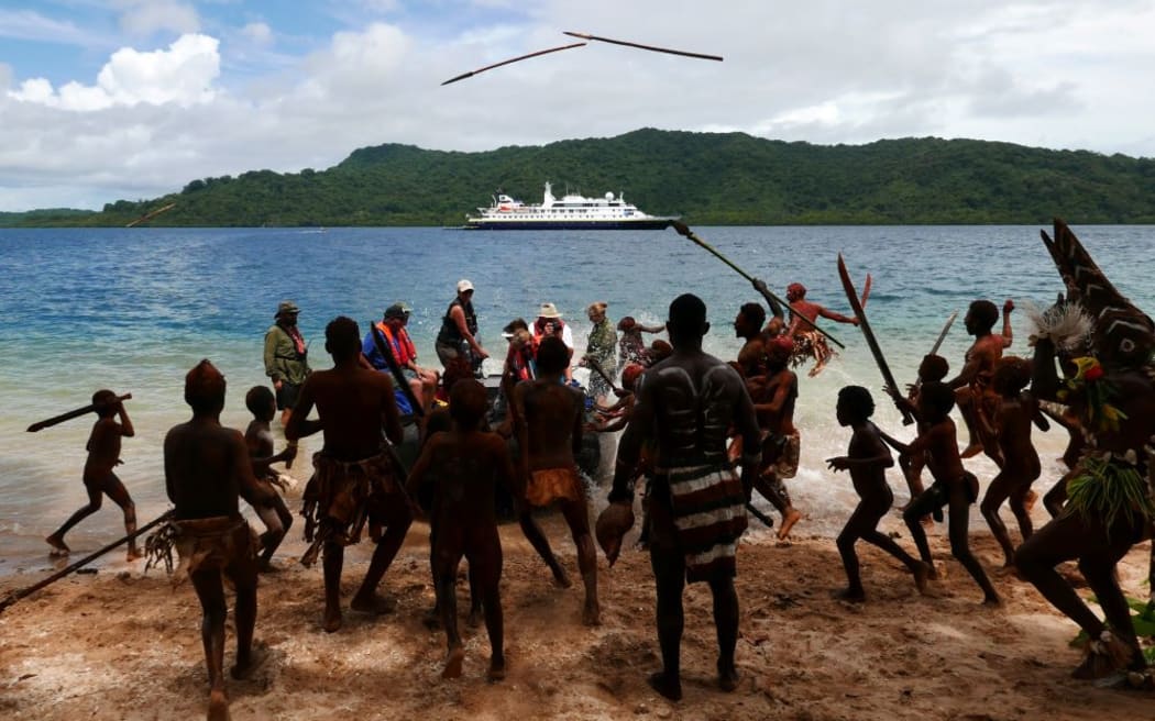 image of Ritual challenge on the beach at Utupua, Solomon Islands