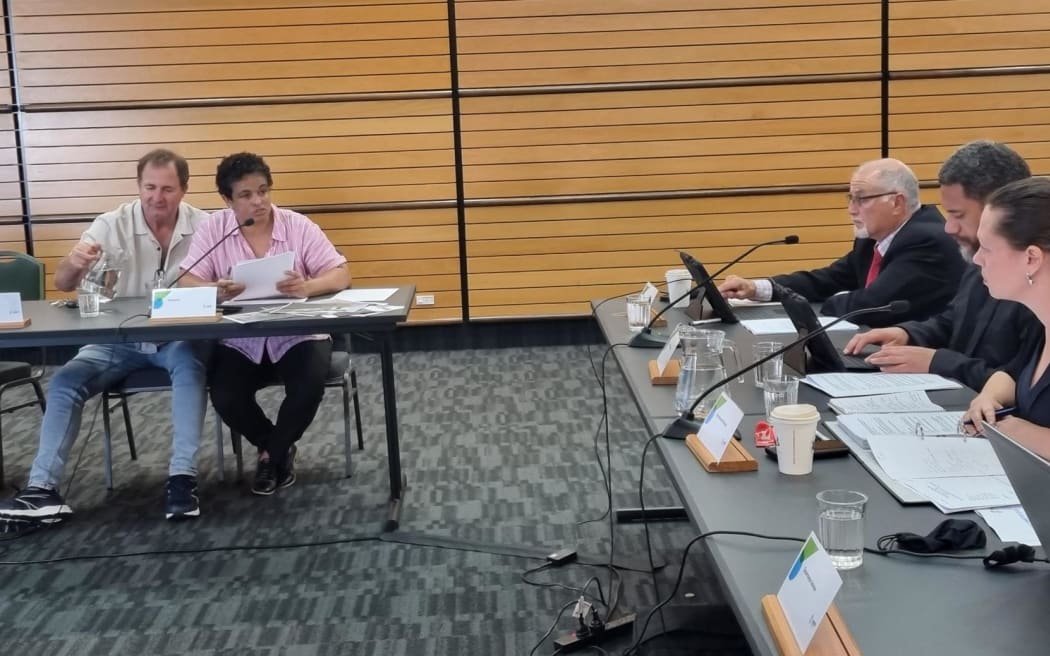 Nuzia Scaranci with her husband Roberto, speaking to the Napier City Council hearings committee. (L-R along the table Councillor Graeme Taylor, Councillor Chad Tareha, Deputy Mayor Annette Brosnan).