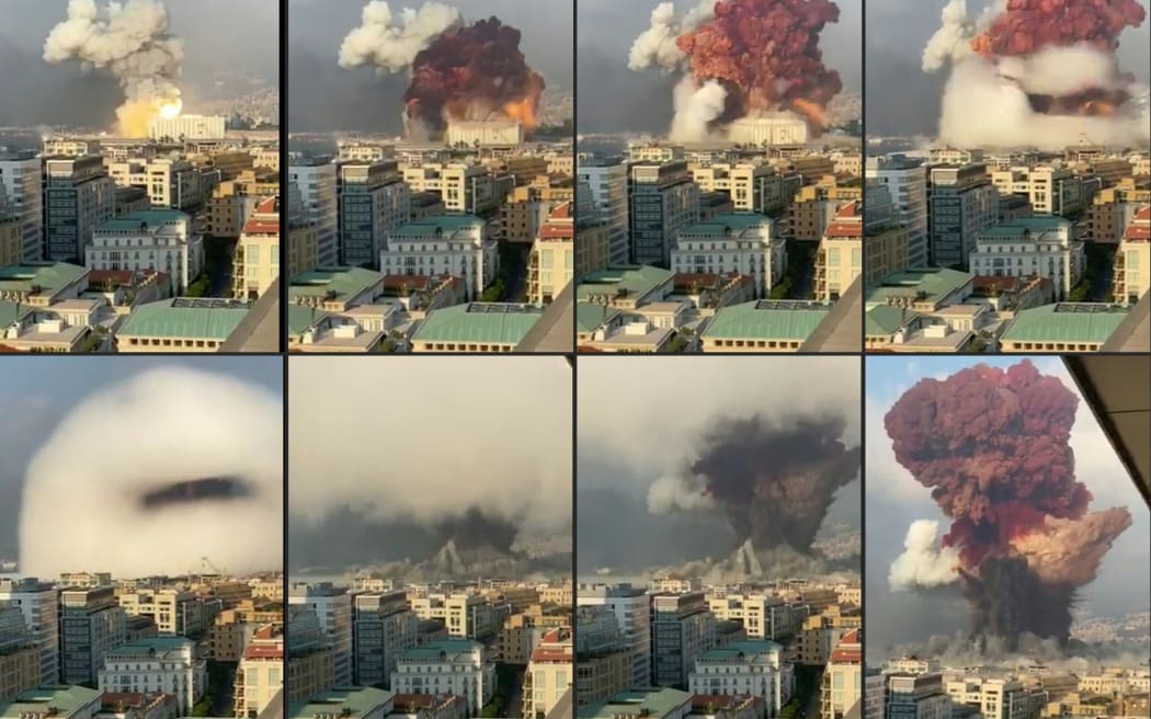 A combination of pictures, from UGC footage filmed from an office building, show the moment a massive explosion rocked Beirut at the port of the Lebanese capital on 4 August, 2020.