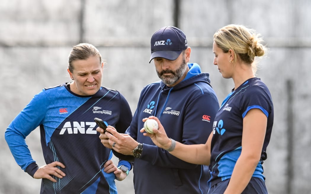 Lea Tahuhu, Ben Sawyer Head Coach and Molly Penfold talk during the White Ferns Training camp, 2024.