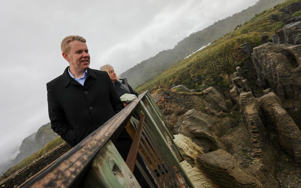 At Punakaiki rocks, Chris Hipkins points out the holes in the rocks and says “those are just like the holes in the National Party’s tax cut plan!”