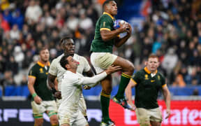 Damian Willemse of South Africa claims possession during the Rugby World Cup semi-final against England.