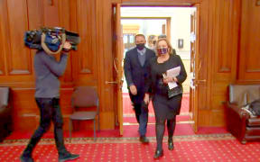 Opening the doors: Judith Collins and Dr Shane Reti prepare to tell the media about their plan for opening up.