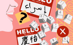Profile of person speaking, name tags and special characters.