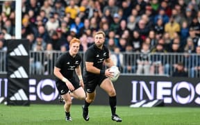 Braydon Ennor of the All Blacks with Finlay Christie of the All Blacks in behind during the All Black Vs Australia Bledisloe Cup, Rugby match, Forsyth Barr Stadium, Dunedin, New Zealand. 5th August 2023. © Copyright photo: John Davidson / www.photosport.nz