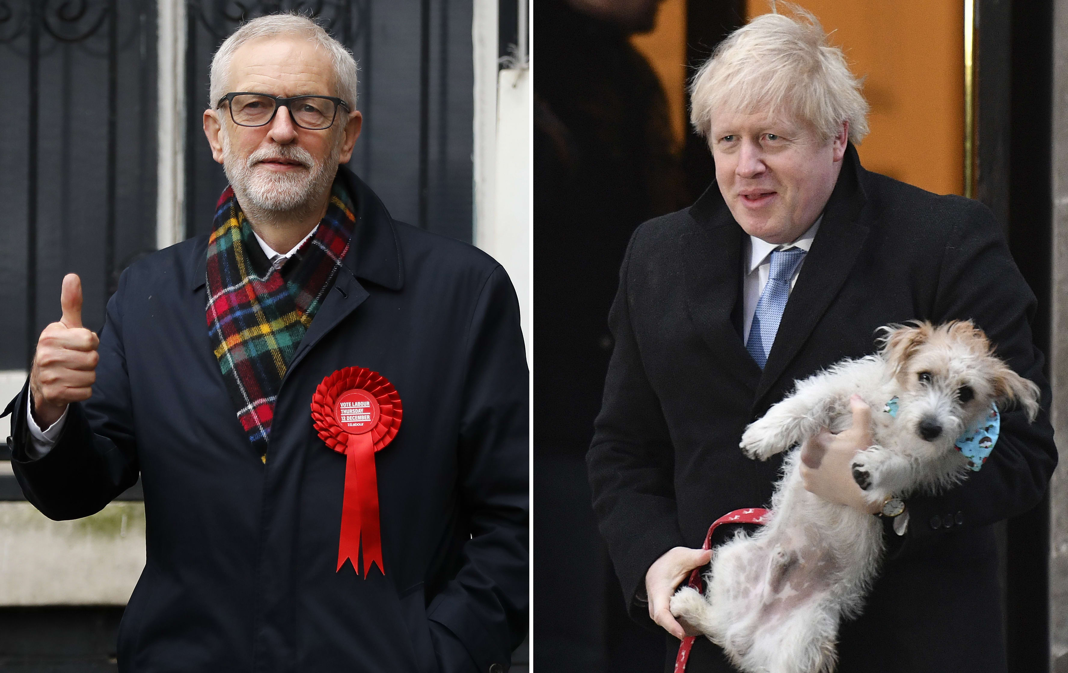 Labour Party leader Jeremy Corbyn, left) and PM Boris Johnson, carrying his dog Dilyn, at polling stations.