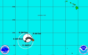 A map tracking the predicted path of Cyclone Pali between Kiribati, the Marshall Islands, and Hawaii (top right of picture).