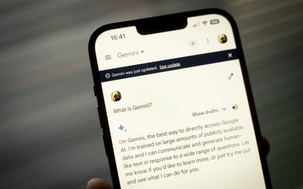 The Google Gemini AI interface is seen on an iPhone browser in this photo illustration on 13 March, 2023 in Warsaw, Poland.