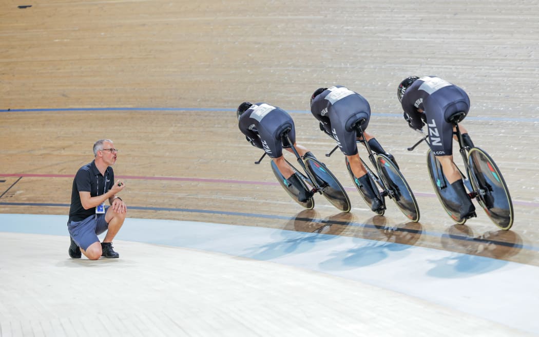 Michaela Drummond, Ally Wollaston, Emily Shearman and Bryony Botha of New Zealand on the Sir Chris Hoy Velodrome in Glasgow.