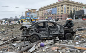 A view of the square outside the damaged local city hall of Kharkiv, Ukraine, on 1 March, 2022, destroyed as a result of Russian troop shelling.