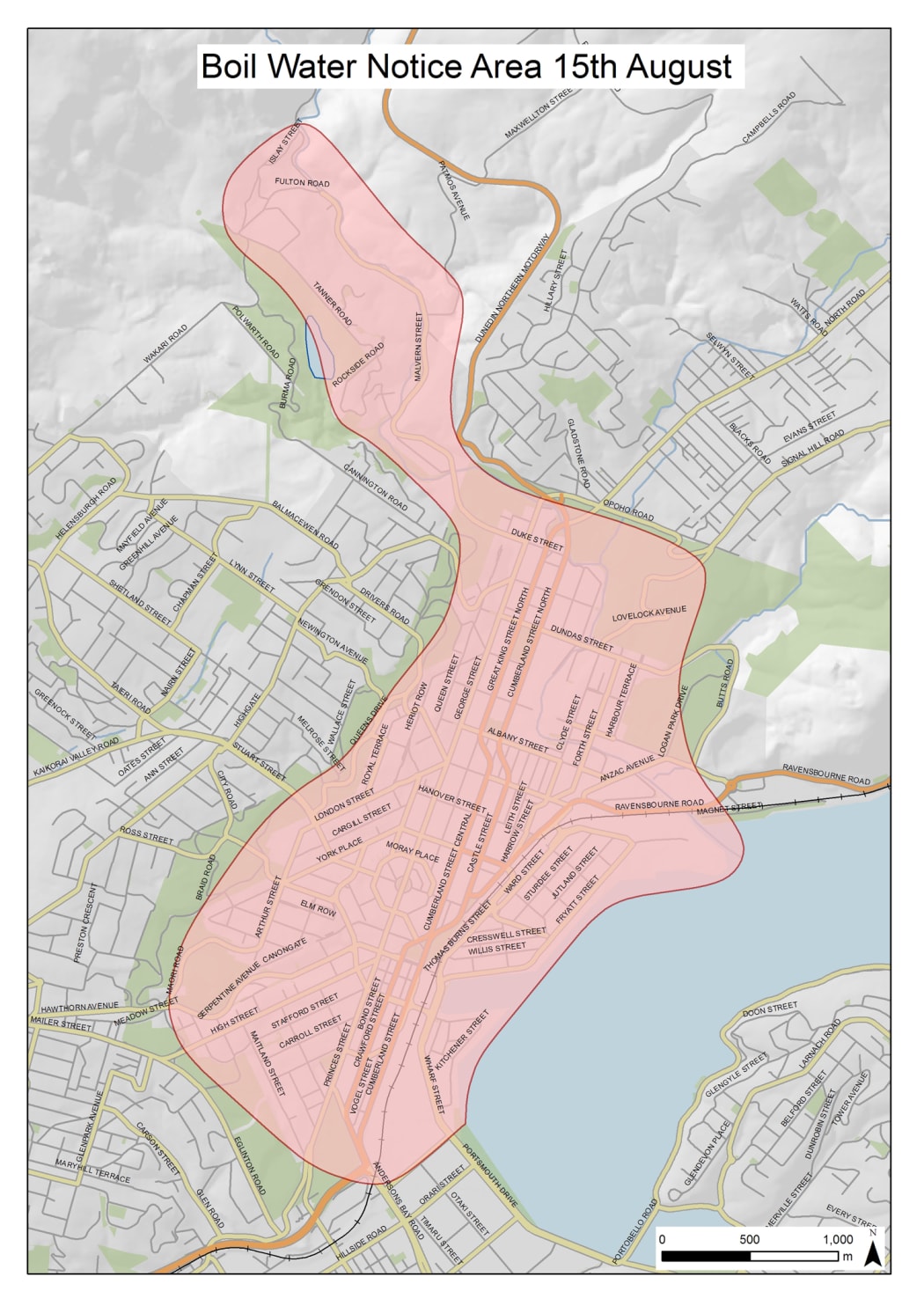 Map showing areas of Dunedin covered by the boil water notice.