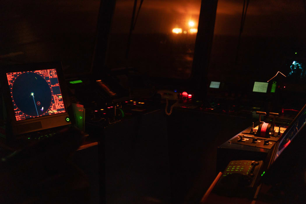Marine navigational equipment on modern ship or vessel. Night view