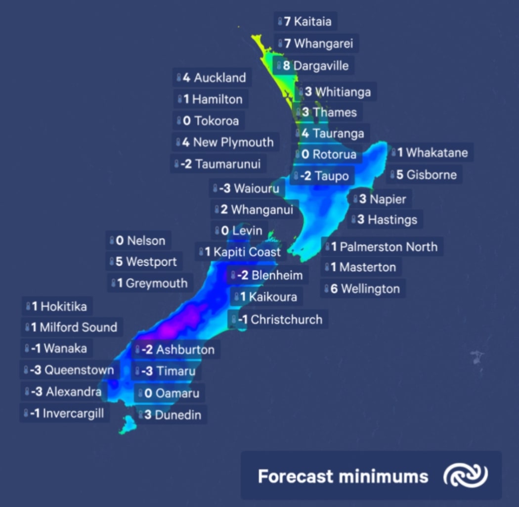 Forecast minimum temperatures overnight into Wednesday 19 June