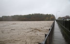 Flood water lashing the Ashburton Bridge on May 30.