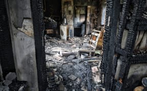 A burnt-out room is in a house destroyed by a Russian drone attack in the Odesa district, Odesa region, Ukraine, on May 26 , 2025.