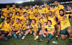 Wallabies celebrate. International Rugby Union, Australia v France, Sydney, Australia. .Saturday 21 June 2014