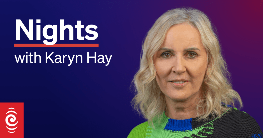 Host Karyn Hay on a deep blue background with the title of the programme "Nights" and an RNZ logo