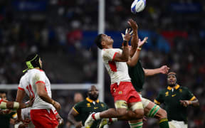 Semisi Tonga's number eight Semisi Paea jumps for the ball during the Pool B match between South Africa and Tonga at Stade Velodrome in Marseille, south-eastern France, on 1 October, 2023.