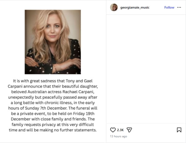 Rachael Carpani was outspoken on a number of issues, including on the need to act on domestic violence, and had previously spoken publicly about her experience with adenomyosis and endometriosis.