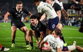 Du’Plessis Kirifi of New Zealand celebrates his try, New Zealand All Blacks v France.