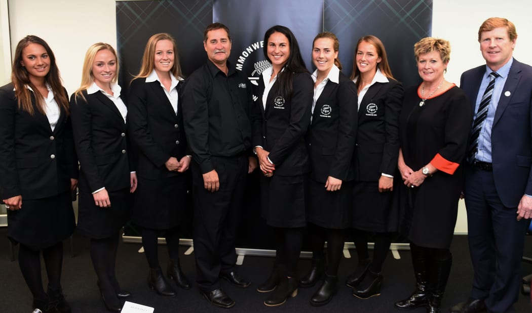 Members of the New Zealand hockey team model the team uniform for the 2014 Commonwealth Games in Glasgow, with coach Mark Hagar (centre), NZ Olympic Committee secretary Kereyn Smith (second from right) and president Mike Stanley.
