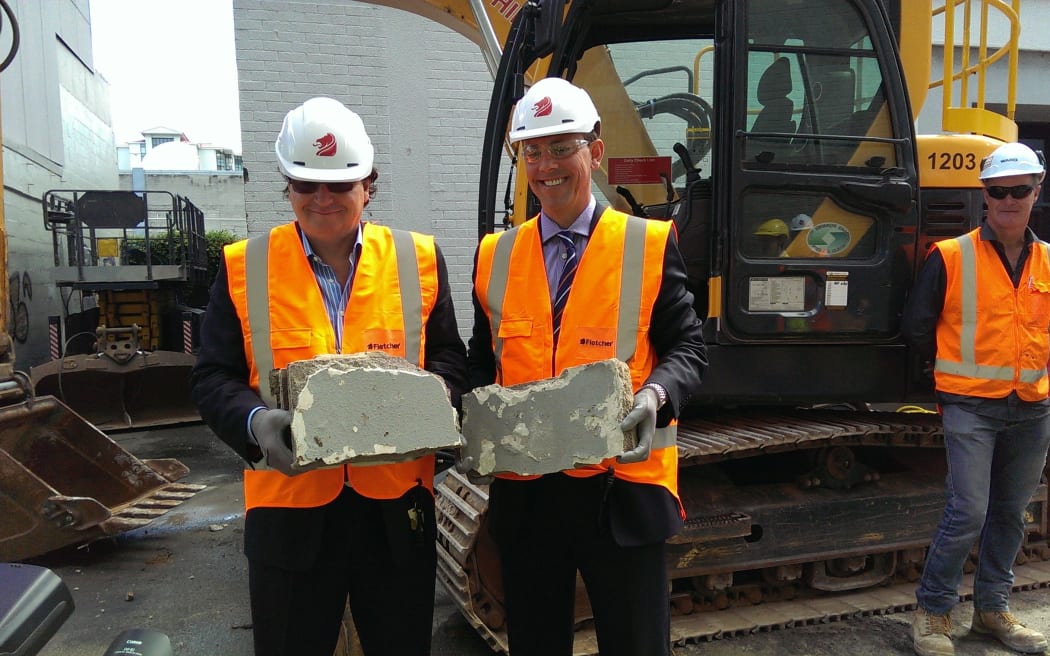 SkyCity Entertainment Chief Executive Nigel Morrison, left, with Fletcher Building Chief Executive Mark Adamson at a ceremony to mark the start of construction of the New Zealand International Convention Centre and hotel, across from the Auckland Casino and Sky Tower on Hobson Street.