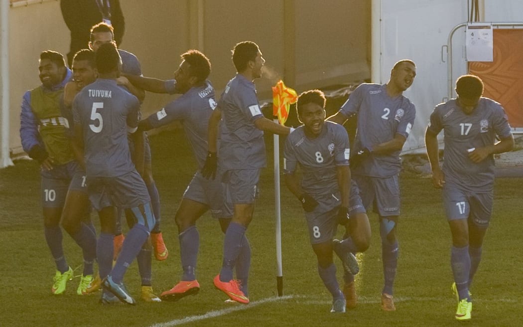 Fiji players celebrate a goal against Honduras at the FIFA Under 20 World Cup.