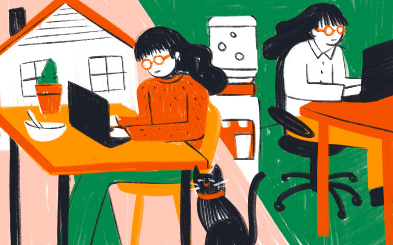 Stylised illustration of woman working from home and woman working at office