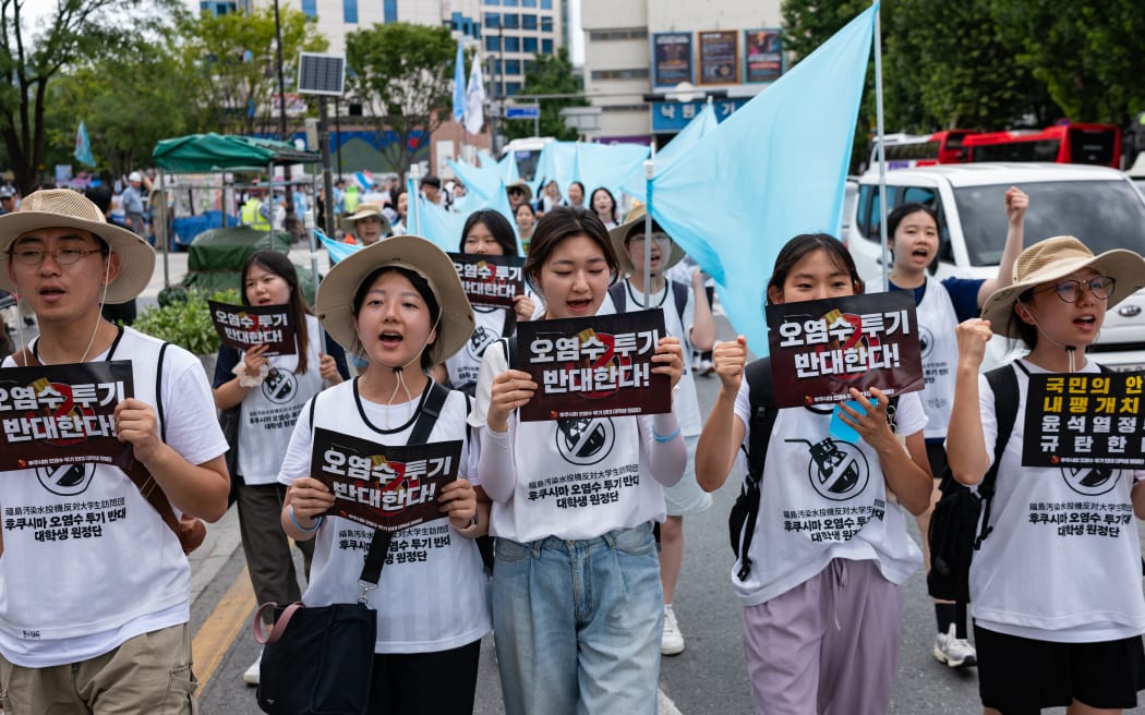 University students march in downtown Seoul to protest against the dumping of contaminated water from Fukushima, on 9 August, 2023 in South Korea.