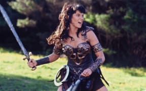 Lucy Lawless pictured in publicity still from TV show Xena Warrior Princess