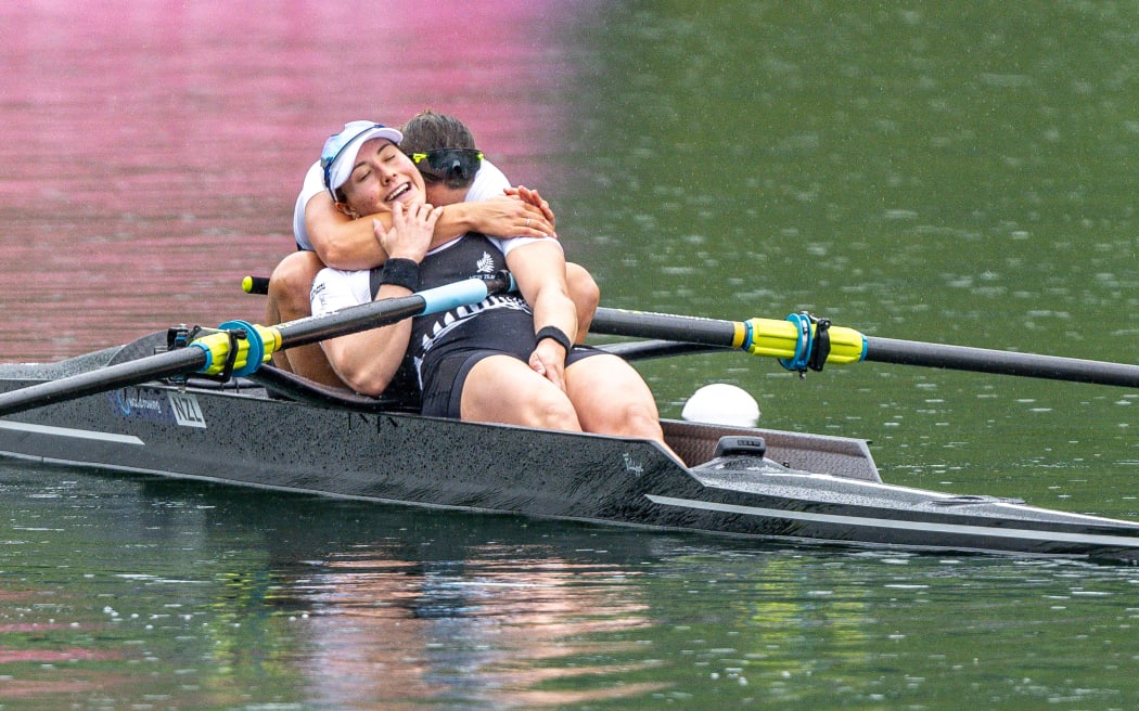 Kate Haines (bow), & Alana Sherman (stroke), New Zealand women’s pair, celebrate qualifying for the Paris Olympics at the last chance regatta in Switzerland, 2024.