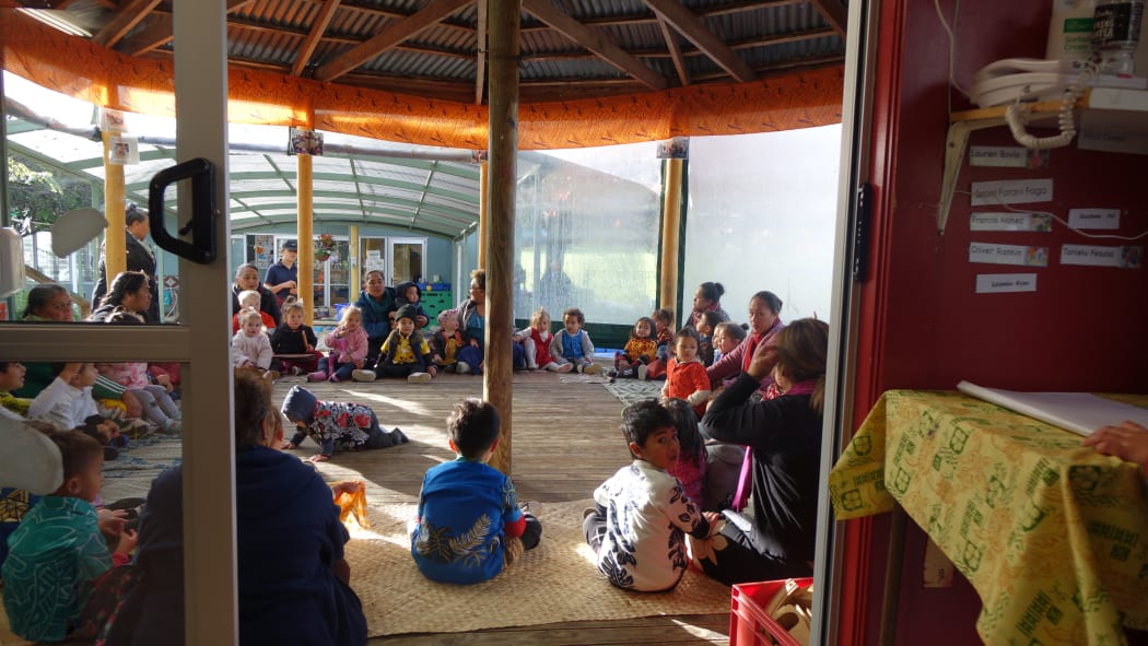Children and teachers in the fale at the A’oga Fa’a Samoa in Grey Lynn.