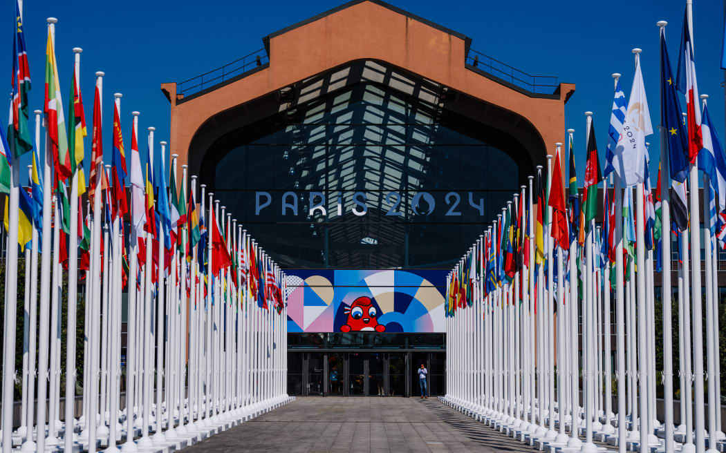 This photograph taken on June 25, 2024, shows an exterior view of Paris 2024 Olympic and Paralympic Village Restaurant located in the Cite du Cinema in the Olympic Village in Saint-Denis.