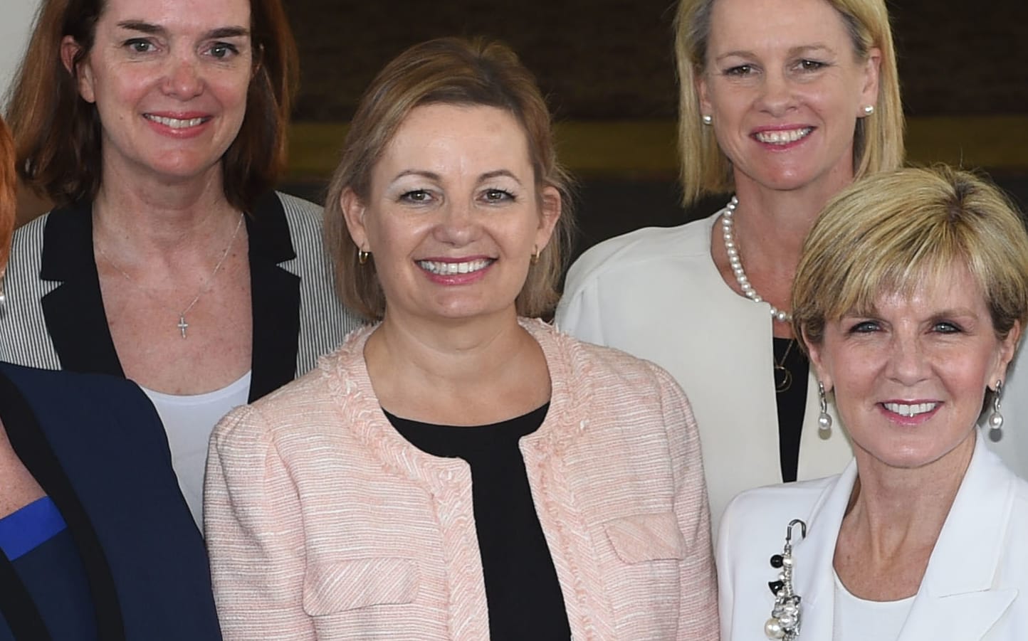 (Front row only, left to right Defence Minister Marise Payne, Health Minister Sussan Ley, Foreign Affairs Minister Julie Bishop, Small Business Minister  Kelly O'Dwyer and Minister of Women, Michaelia Cash after their swearing in ceremony at Government House in Canberra on September 21, 2015.