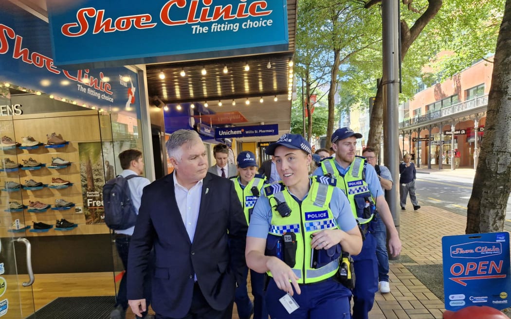 Police Minister Mark Mitchell goes on beat patrol with a team of four officers in Wellington's CBD.